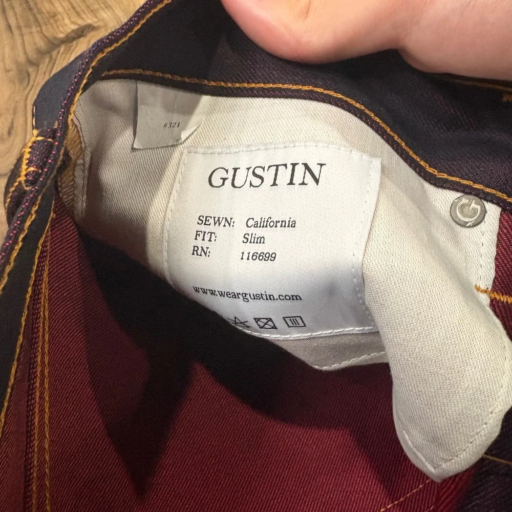 Gustin Jeans Mens 33x34 Red Fire Slim Fit Selvedge Denim #321 USA UNWASHED